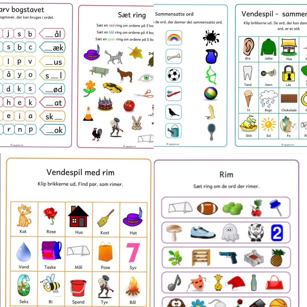 8 ark med sammensatte ord, rim og bogstavers lyde (Print selv)