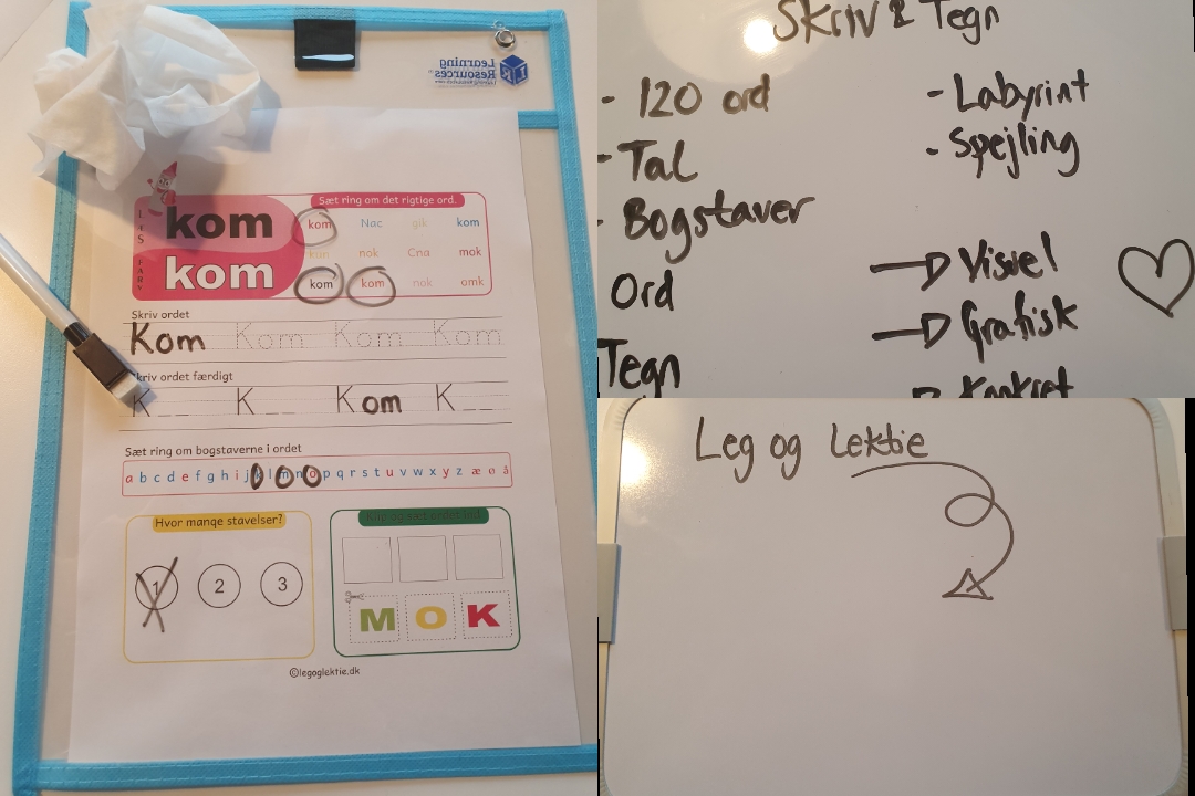 2 x lommer med tuscher og en lille whiteboard tavle