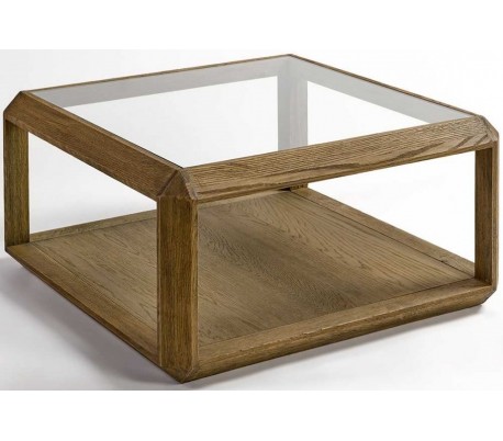 Sofabord i egetræ og glas 80 x 80 cm - Børstet eg
