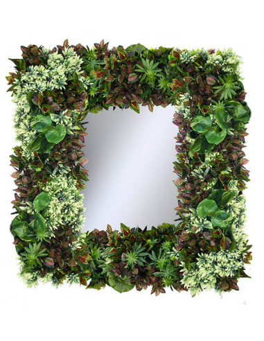 Spejl med kunstige planter 90 x 90 cm - Grøn/Bordeaux
