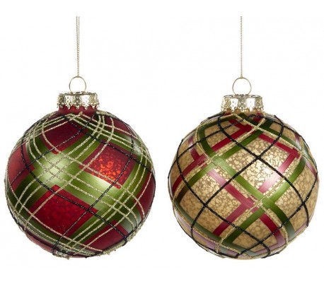 Tartan julekugle i glas Ø10 cm assorteret