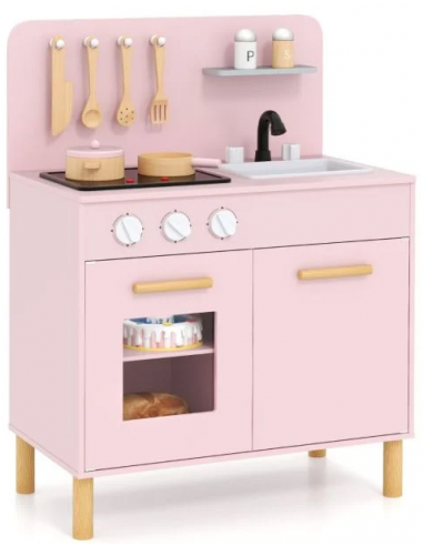 Legekøkken i fyrretræ og MDF H75 x B55 cm - Rosa/Natur