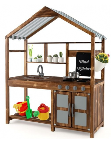 Legekøkken i fyrretræ og polyester H126 x B100 cm - Brun