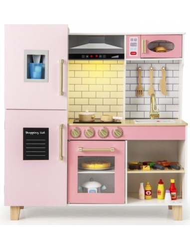 Legekøkken i fyrretræ og MDF H98 x B92 cm - Rosa/Hvid