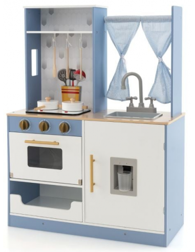 Legekøkken i fyrretræ og MDF H95 x B70 cm - Blå/Hvid