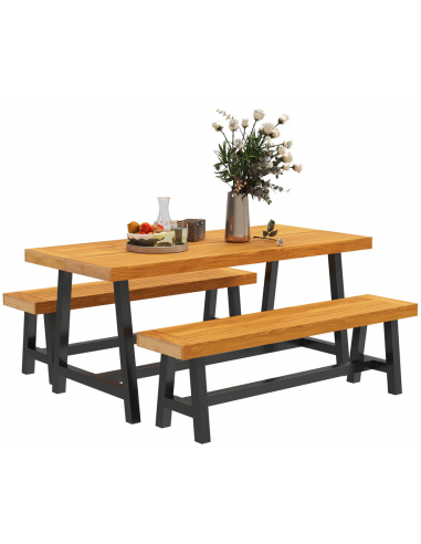 Bord og bænkesæt i stål og fyrretræ - Sort/Teak