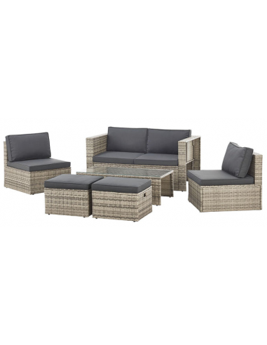 SALOU Loungesæt i polyrattan og polyester - Naturgrå/Grå