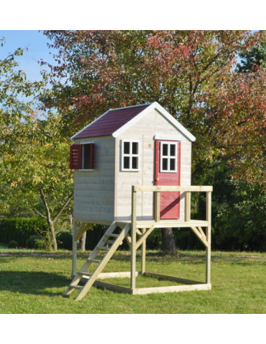 Legehus i fyrretræ H242 x B190 x D160 cm - Natur/Rød/Hvid