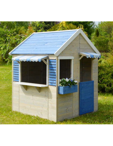 Legehus i fyrretræ H155 x B120 x D120 cm - Natur/Blå/Hvid