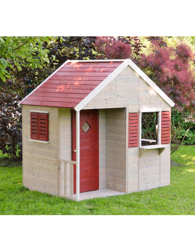 Legehus i fyrretræ H168 x B155 x D120 cm - Natur/Rød/Hvid