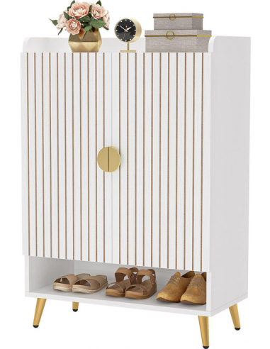 Skoskab i metal og MDF H110 x B75 x D37 cm - Guld/Hvid