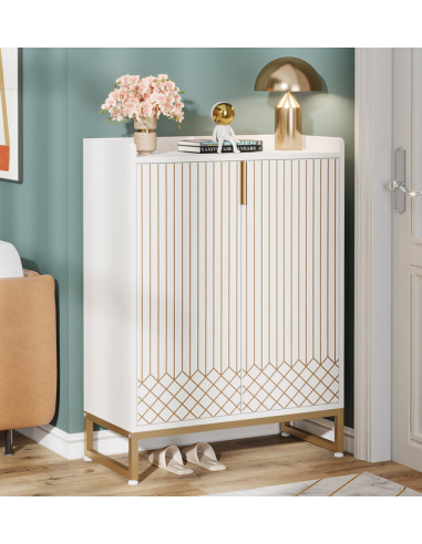 Skoskab i metal og MDF H105 x B75 x D35 cm - Mat guld/Hvid