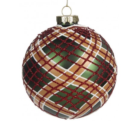 Tartan julekugle i glas Ø10 cm - Grøn