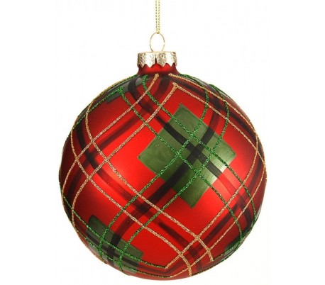 Julekugle i glas Ø12 cm - Rød tartan