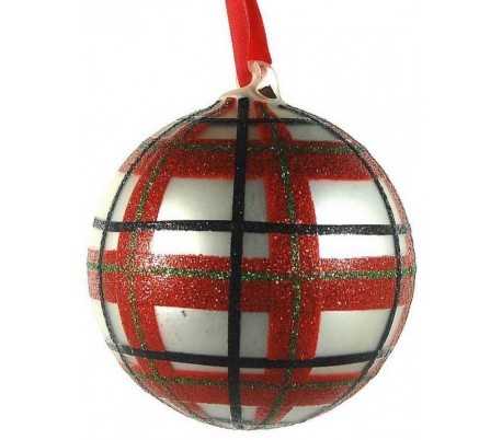 Julekugle i glas Ø10 cm - Rød/Hvid tartan
