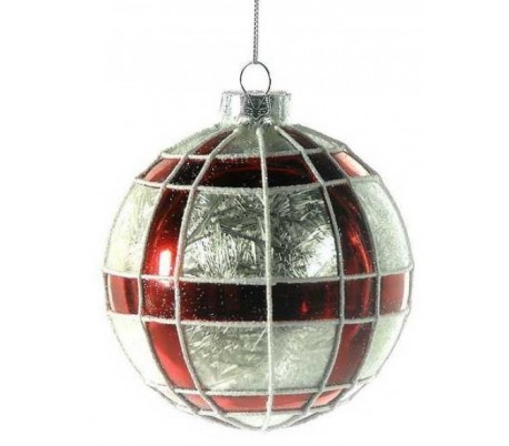 Julekugle i glas Ø10 cm - Rød/Frostet hvid tartan