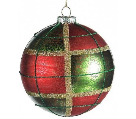 Julekugle i glas Ø10 cm - Rød/grøn tartan