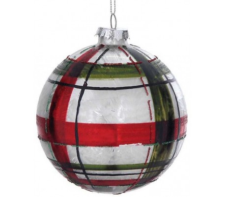 Julekugle i glas Ø10 cm - Rød/Frostet sølv tartan