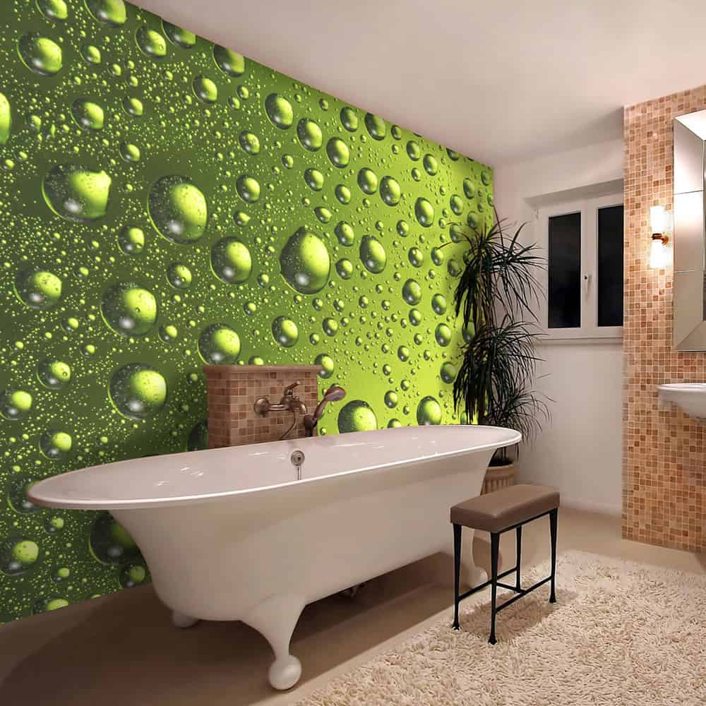 Fototapet Vanddråber på flaskegrøn væg