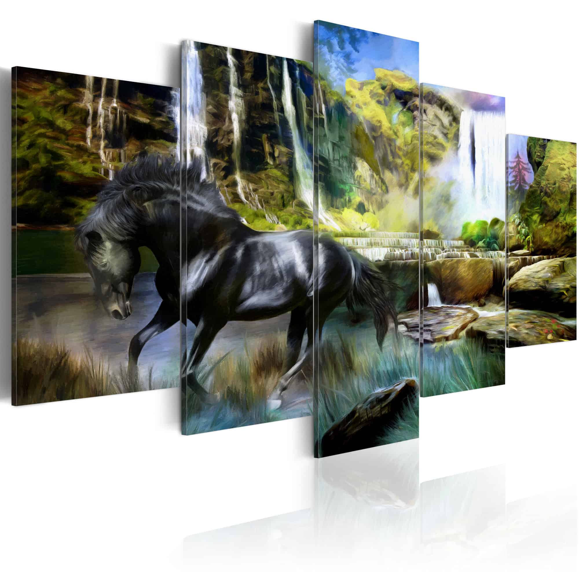 Lærredstryk Black horse on the background of paradise waterfall