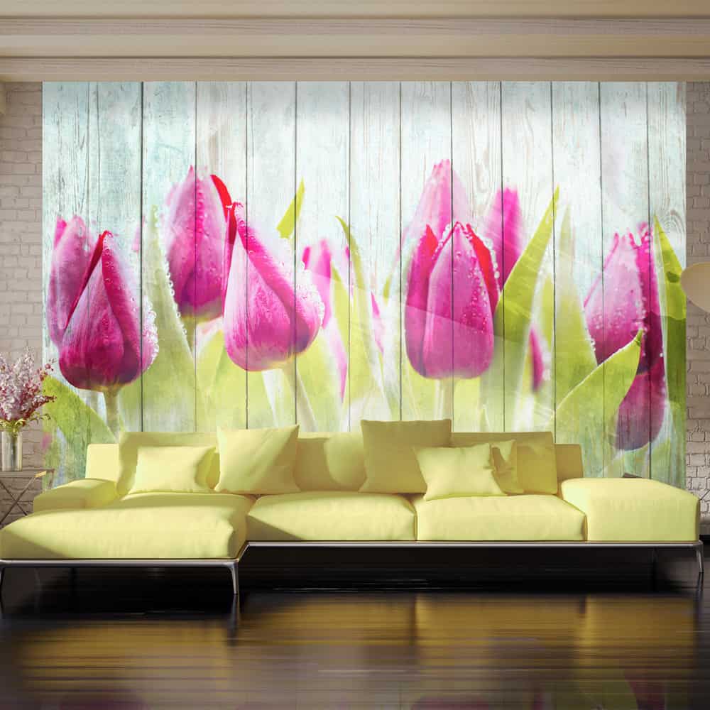 Fototapet Tulips on white wood