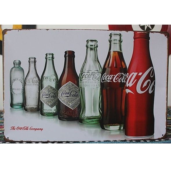 Emaljeskilt Coca Cola-flasker gennem tiderne