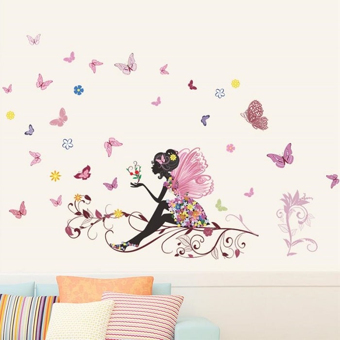 Wallsticker Stor fe med blomster og sommerfugle