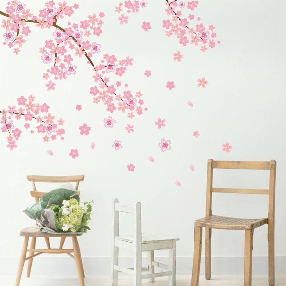 Wallsticker Grene med pink Blomster