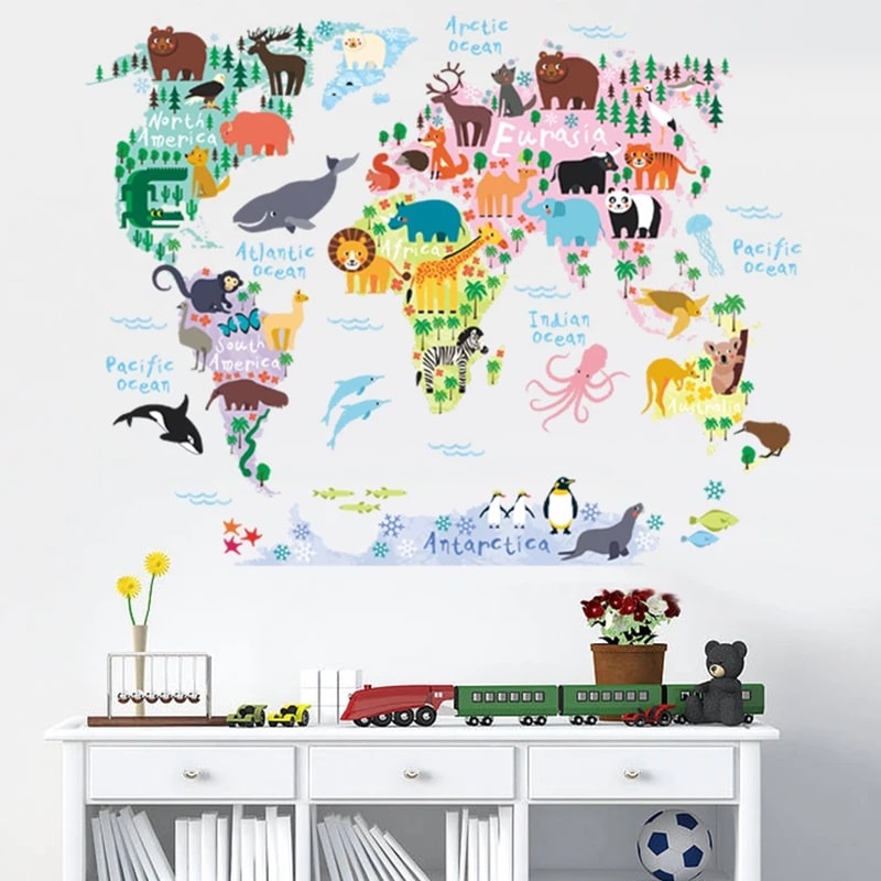 Wallsticker Verdenskort med klodens dyr
