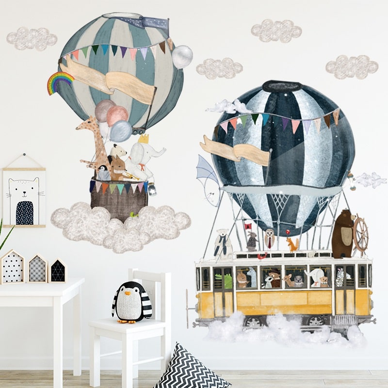 Wallsticker Luftballoner med skyer og dyr i pastelfarver