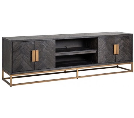 Blackbone tvbord i egetræ og stål B200 cm - Børstet sort/Antik messing