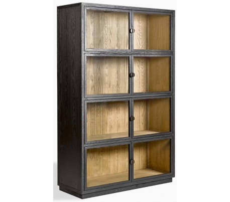 Vitrineskab i egetræ og glas H185 cm - Antik sort/Børstet eg