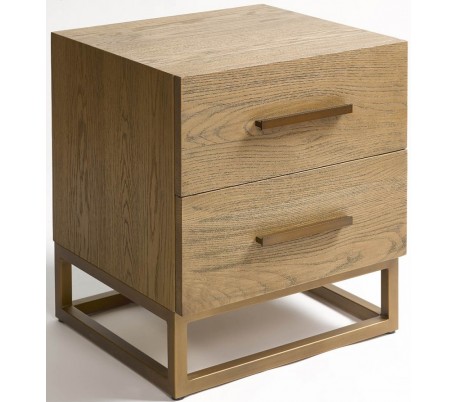 Rustikt sengebord i egetræ og metal H56 cm - Antik guld/Børstet eg