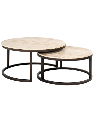 Avalon sofaborde i metal og travertin Ø70 + Ø80 cm - Antik børstet bronze/Travertin
