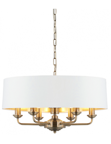 Highclere Lysekrone i metal og tekstil Ø55 cm 6 x E14 - Antik messing/Vintage hvid