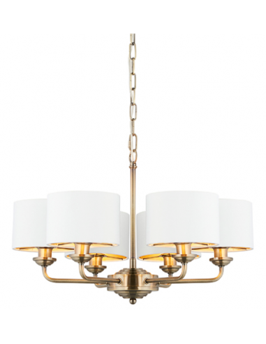 Highclere Lysekrone i metal og tekstil Ø54 cm 6 x E14 - Antik messing/Vintage hvid
