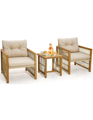 Loungesæt med 2 stole og 1 bord i akacietræ og polyrattan - Akacie/Beige