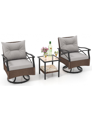 Loungesæt med 2 rotérbare stole og 1 bord i metal og polyrattan - Sort/Brun