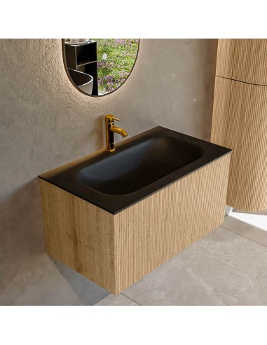 KURVE Komplet badmiljø i egetræ og solid surface med hanehul B81 cm - Eg/Sort