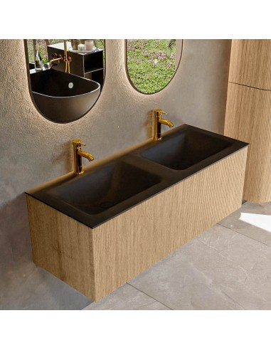 KURVE Komplet badmiljø i egetræ og solid surface med hanehuller B121 cm - Eg/Sort