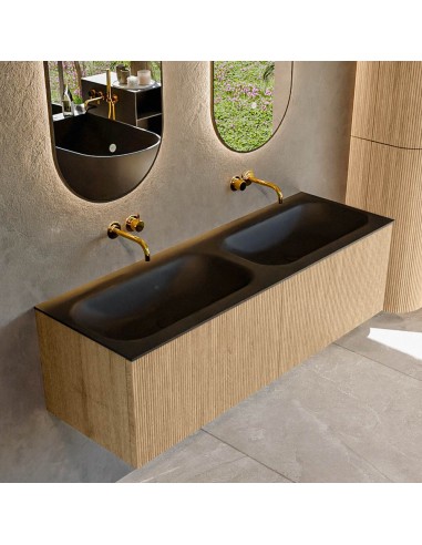 KURVE Komplet badmiljø i egetræ og solid surface uden hanehuller B141 cm - Eg/Sort