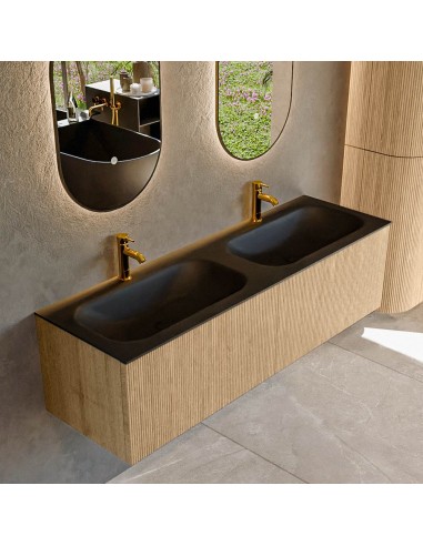 KURVE Komplet badmiljø i egetræ og solid surface med hanehuller B151 cm - Eg/Sort