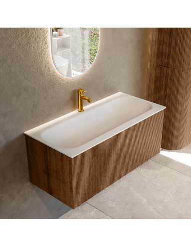 KURVE Komplet badmiljø i egetræ og solid surface med hanehul B101 cm - Valnød/Talkum