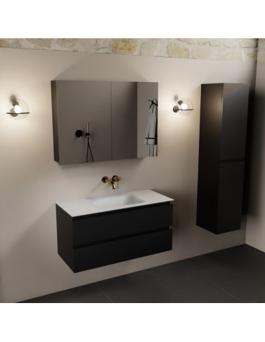 Aivy komplet badmiljø med spejlskab i MDF og solid surface uden hanehul B101 cm - Sort/Talkum