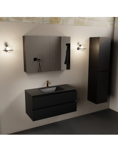 Aivy komplet badmiljø med spejlskab i MDF og solid surface med hanehul B101 cm - Sort/Sort