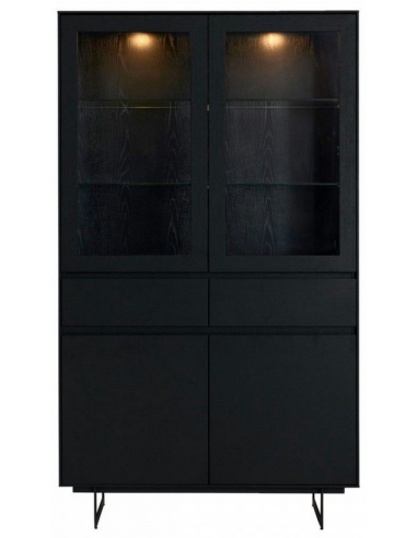 TOYO Vitrineskab med lys i stål, MDF og egetræsfinér H190 x B110 cm - Sort
