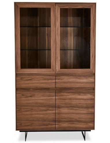 TOYO Vitrineskab med lys i stål, MDF og valnøddefinér H190 x B110 cm - Sort/Valnød