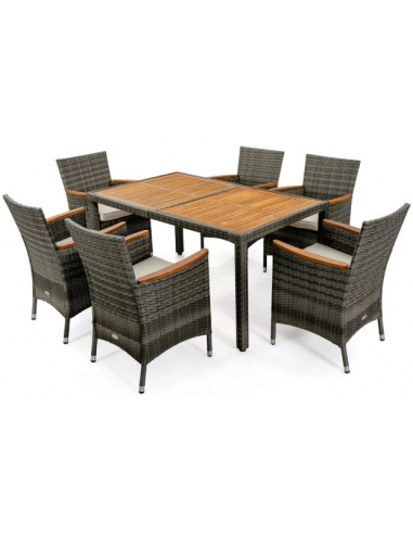 Spisebordssæt udendørs i polyrattan og akacietræ - Grå/Beige