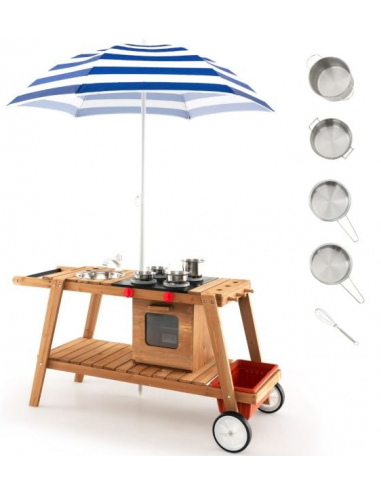 Legekøkken vogn i stål og fyrretræ H59 - 160 x B114 - 125 cm - Brun/Stribet