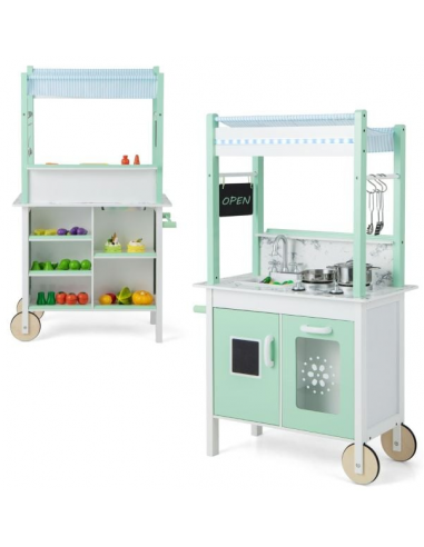 Legekøkken vogn i MDF og fyrretræ H120 x B70 cm - Hvid/Grøn